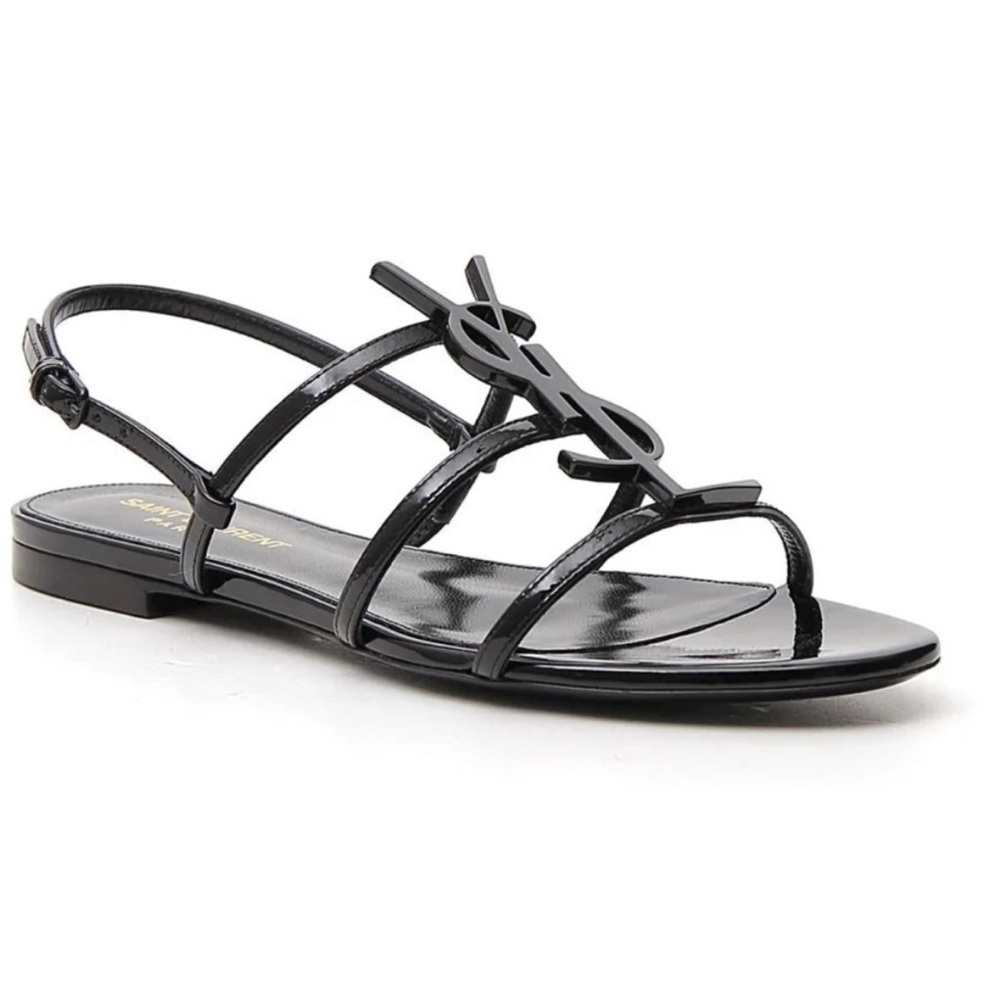 Saint Laurent YSL Cassandra Black Patton Leather Slingback Sandal